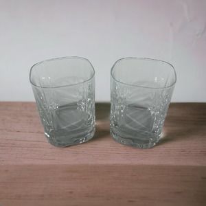 Set of 2 Whiskey Cocktail Highball Juice Glasses Rounded Square‎ Faceted